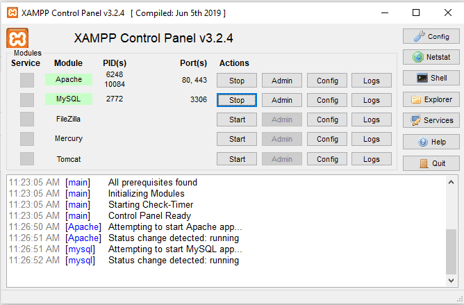 Apache and MySQL running in XAMPP