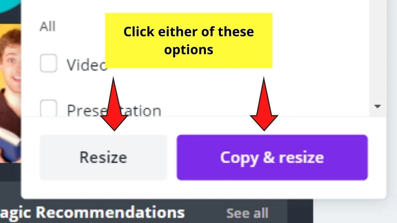 Clicking Resize or Copy and Resize