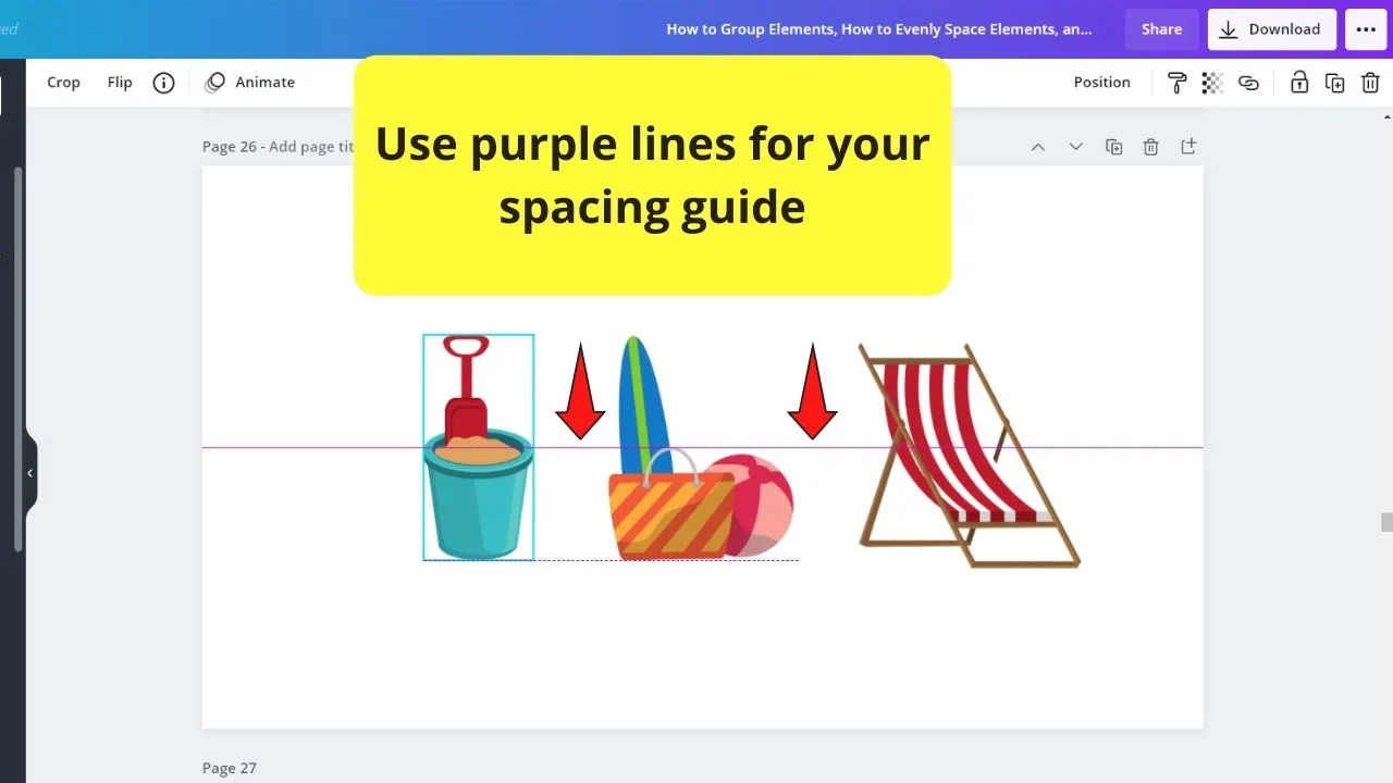 How to Evenly Space Elements in Canva Using Purple Guide Lines Step 3