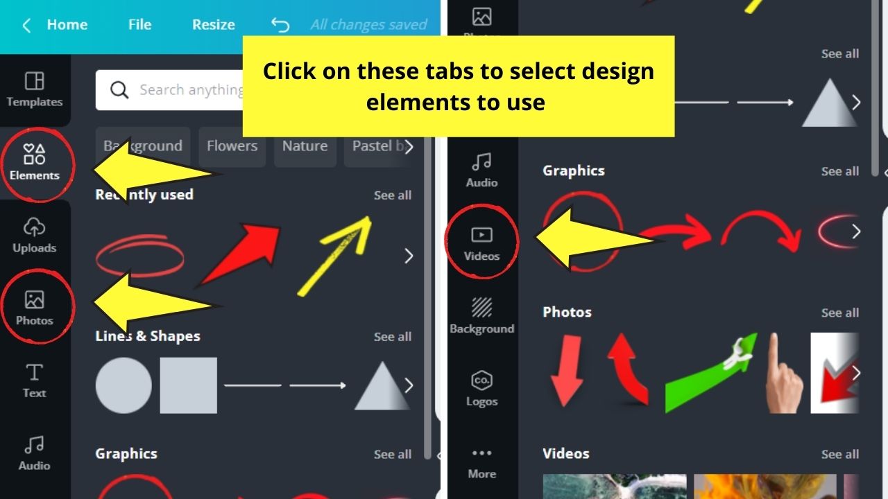 Canva Elements, Photos, and Videos Galleries