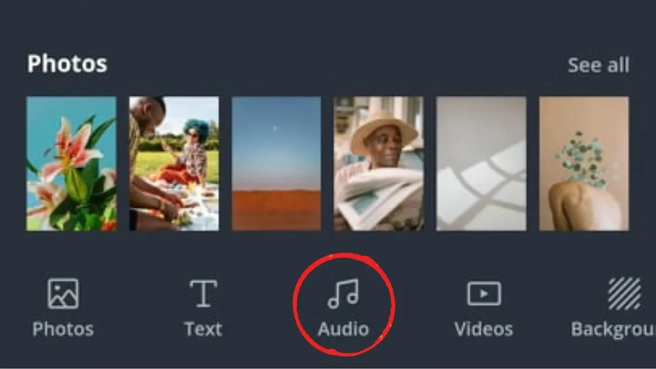 How to Add Music on Canva Mobile App Adding Music from Canva's Audio Gallery Step 3.1