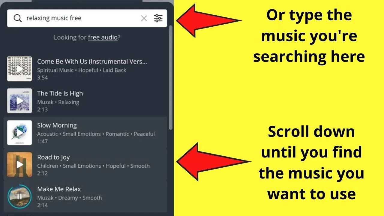 How to Add Music on Canva Mobile App Adding Music from Canva's Audio Gallery Step 3.2