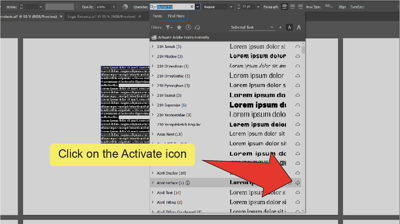 How to activate fonts inside Illustrator Step 7