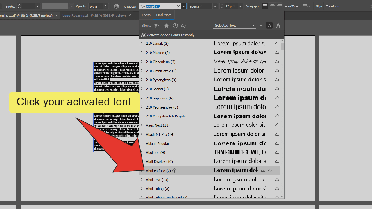 How to activate fonts inside Illustrator Step 8