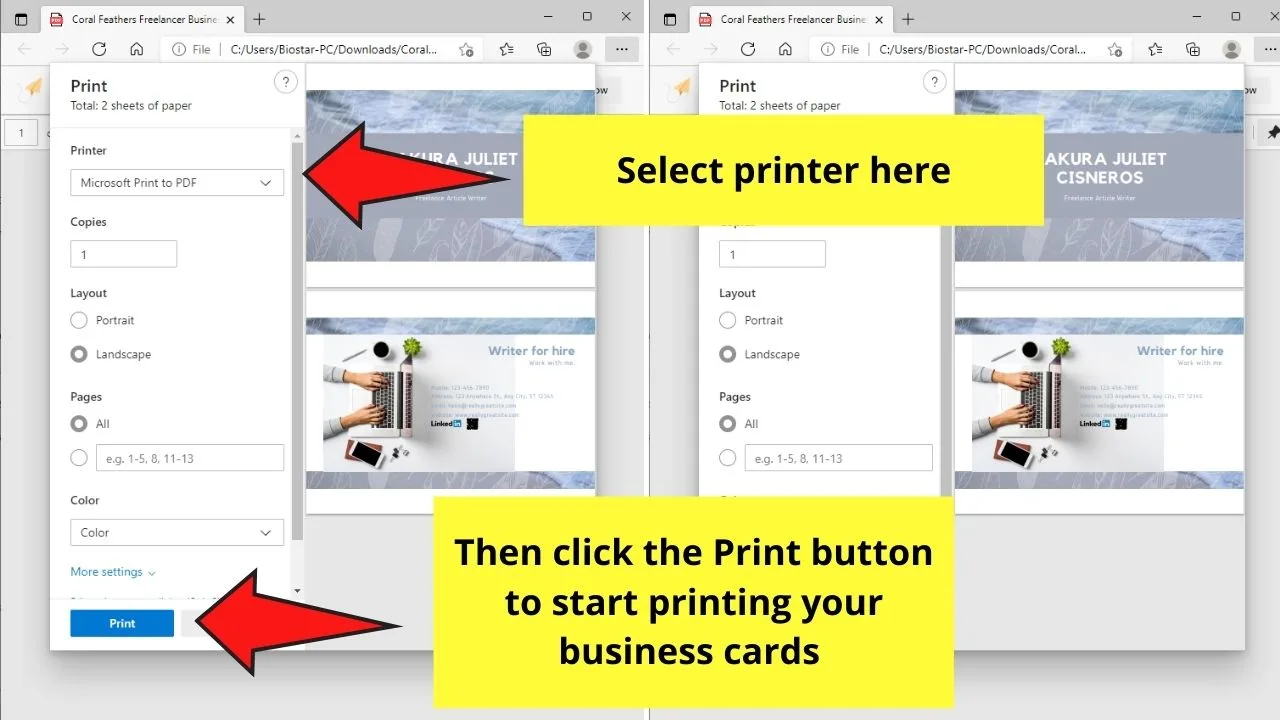 How to Print Business Cards in Canva through Personal Printer Steps 8-10