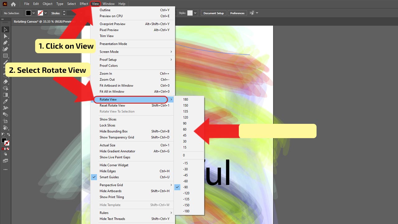 How to rotate the canvas in illustrator using an angle Step 2