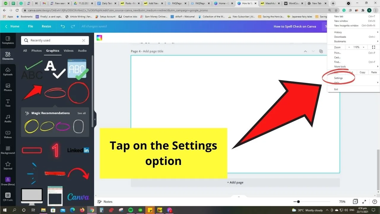 How to Spell Check on Canva Chrome Settings Activation Step 2