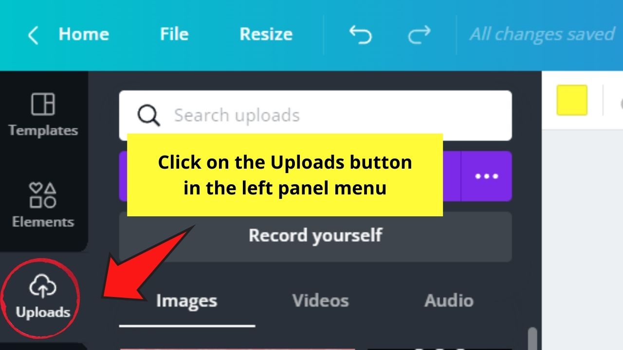 How to Add Photos to Canva through Uploads Button Step 1