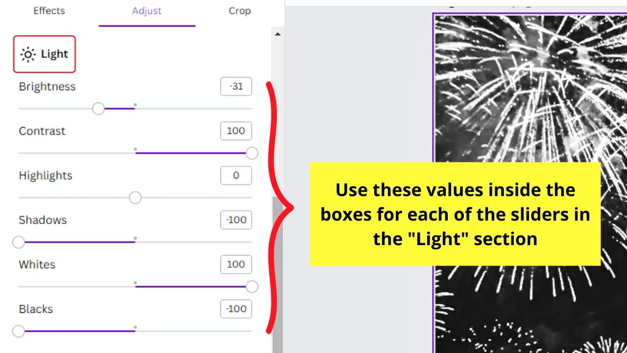 How to Make Images and Pictures Black and White in Canva by Adjusting the Photo’s Light and Color Settings Step 3