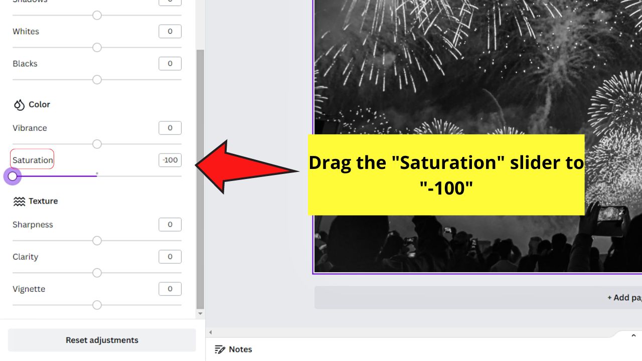 How to Make Images and Pictures Black and White in Canva by Lowering Their Saturation Step 3