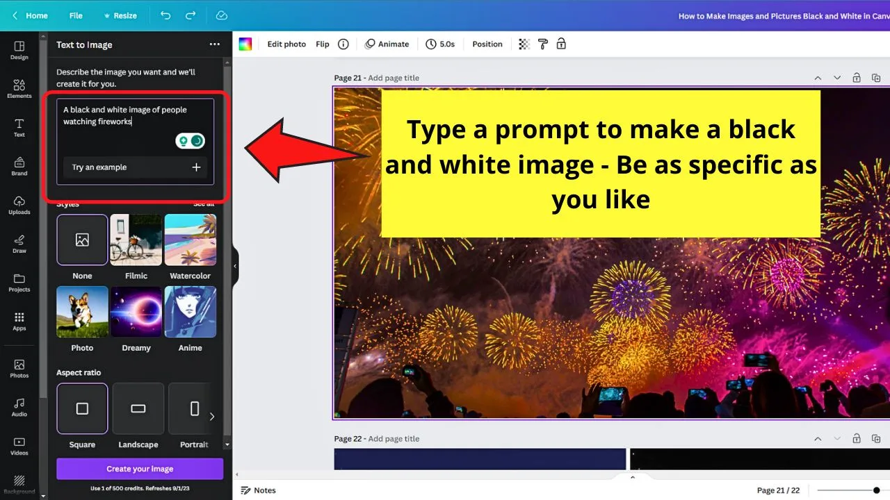 How to Make Images and Pictures Black and White in Canva by Using the Text to Image App Step 1