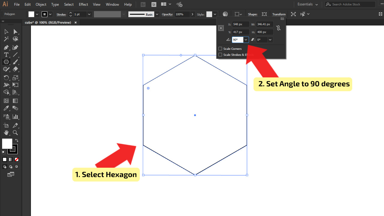 How to make a cube in illustrator using a Hexagon Step 2