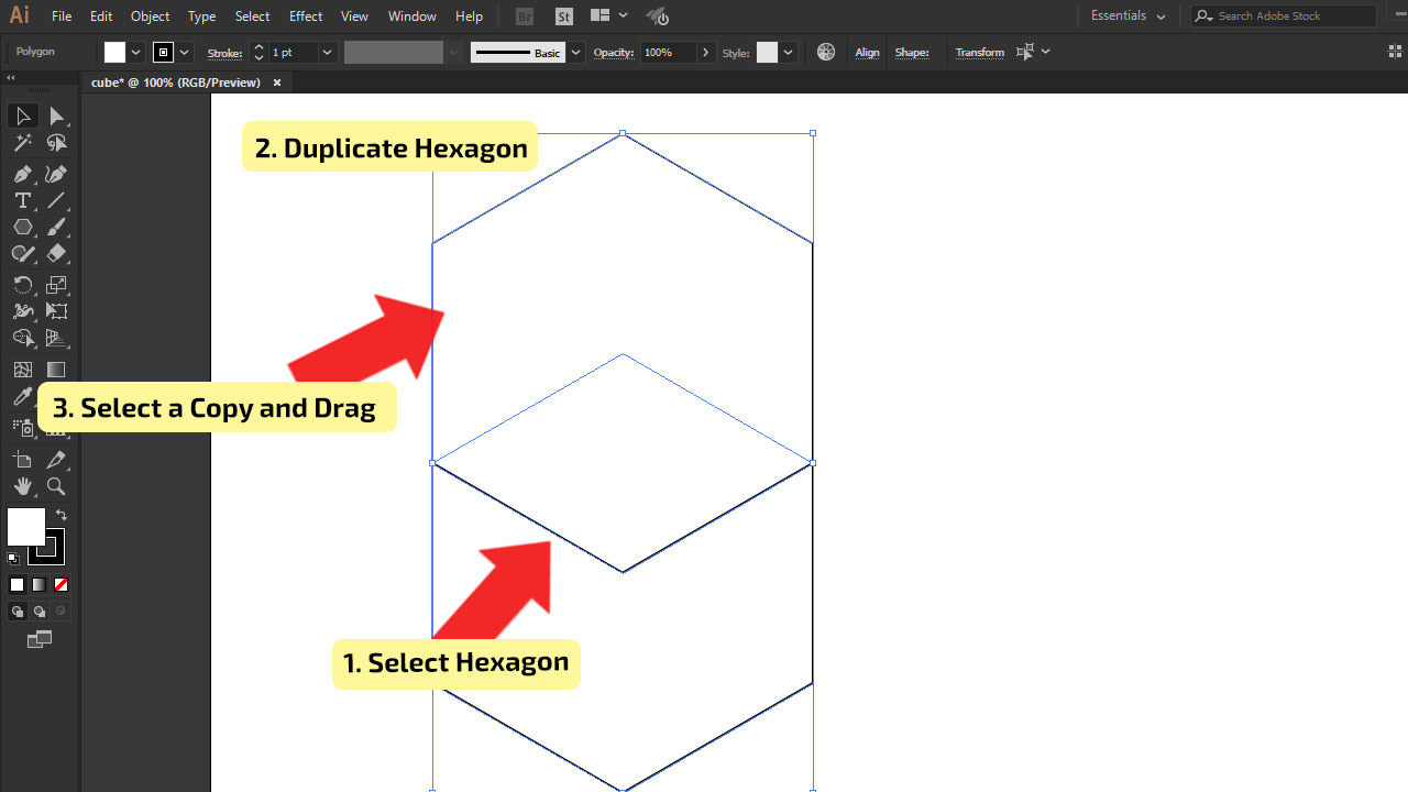 How to make a cube in illustrator using a Hexagon Step 3