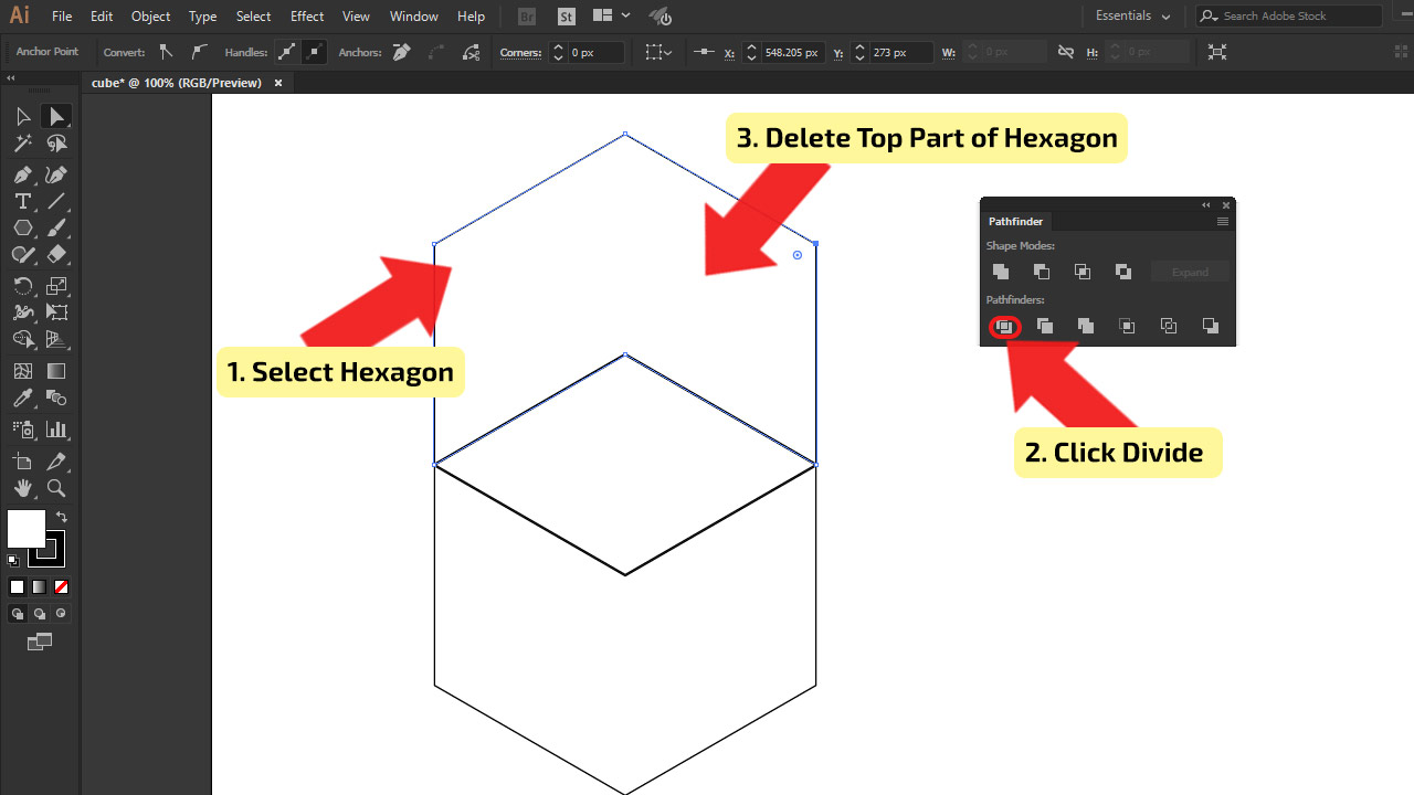 How to make a cube in Illustrator making a Hexagon Stpe 5