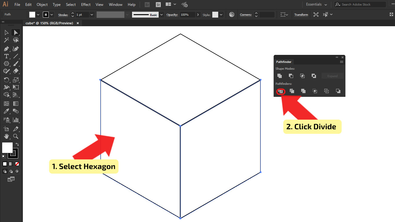 How to make a cube in Illustrator making a Hexagon Step 7
