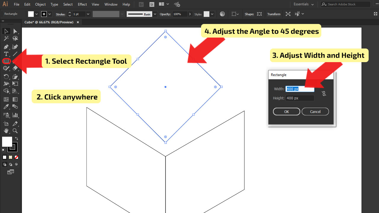 How to make a cube in Illustrator (Rectangle Method) Step 5