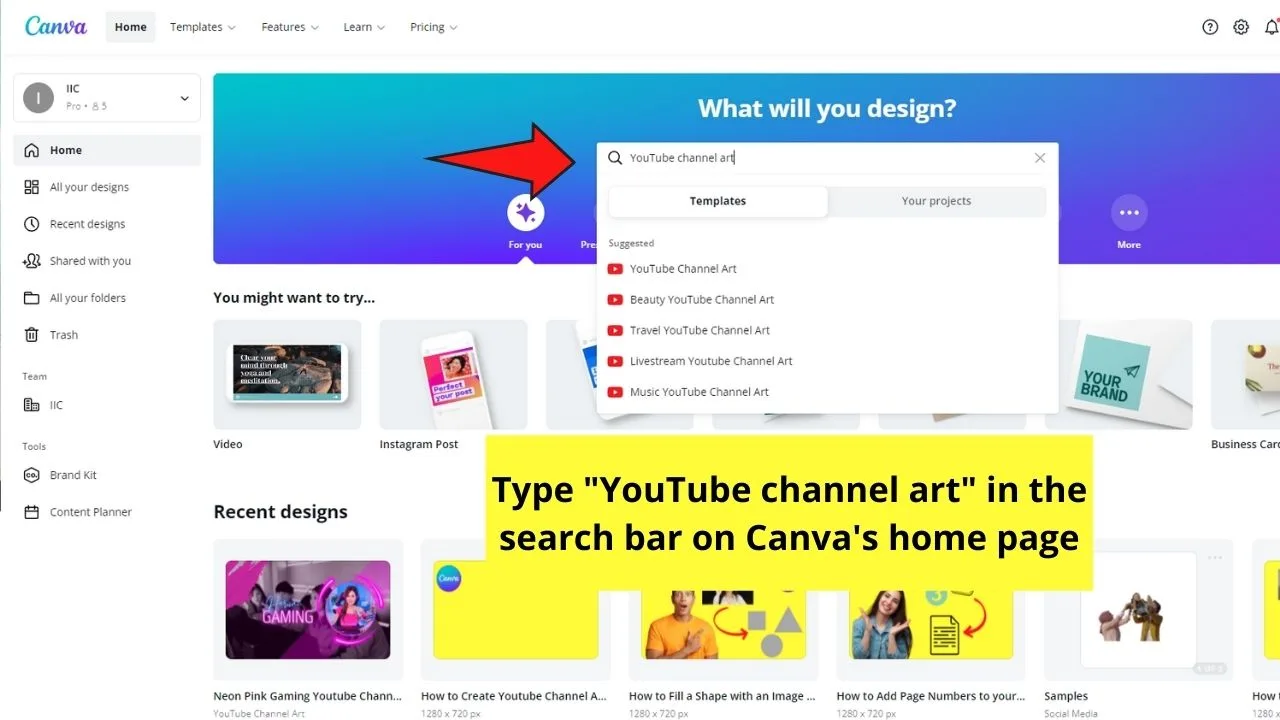 How to Create Youtube Channel Art in Canva Use of Blank YouTube Banner Templates Step 1.1
