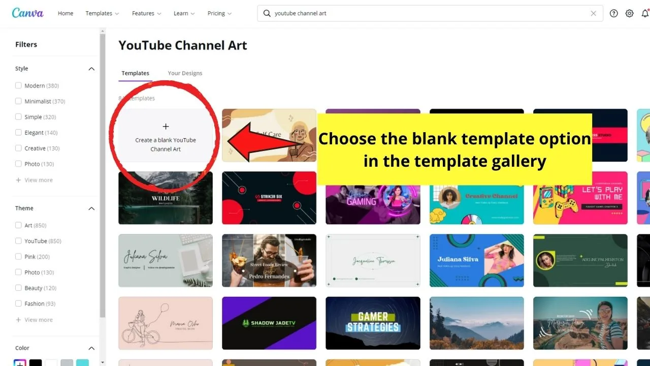 How to Create Youtube Channel Art in Canva Use of Blank YouTube Banner Templates Step 1.2