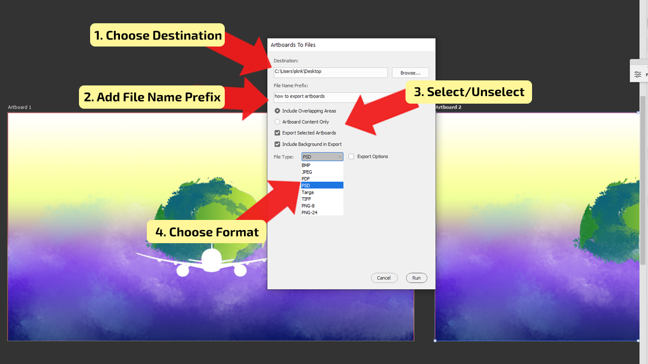 How to Export Artboards in Photoshop using “Artboards to Files” Option Step2