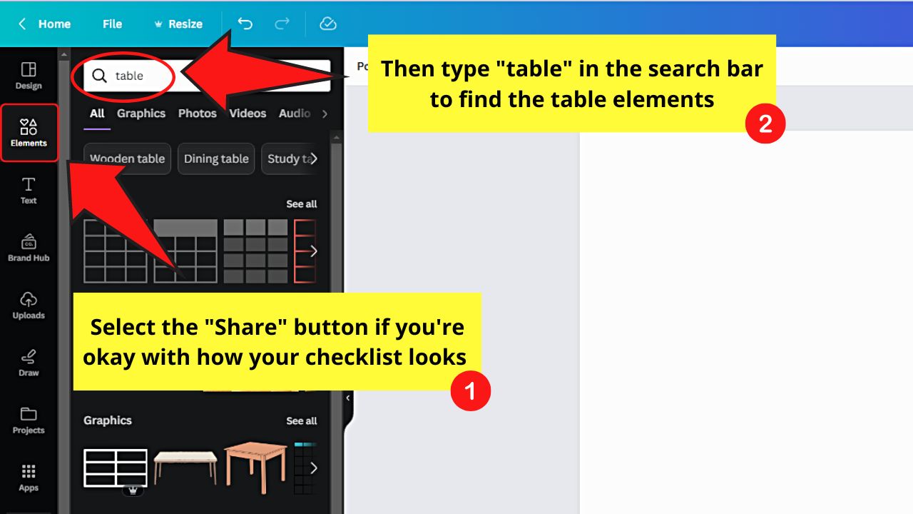 Using Tables to Make a Checklist in Canva Step 1