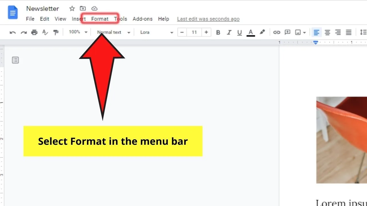 How to Add a Vertical Line in Google Docs as a Text Column Division Step 1