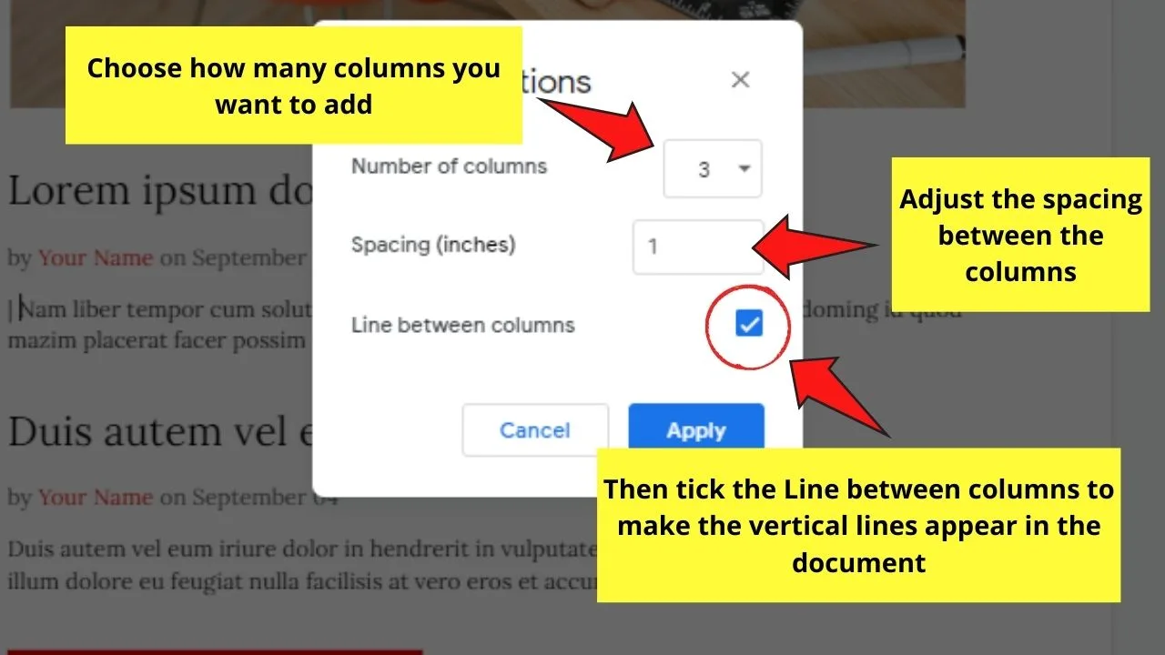 How to Add a Vertical Line in Google Docs as a Text Column Division Step 4.1