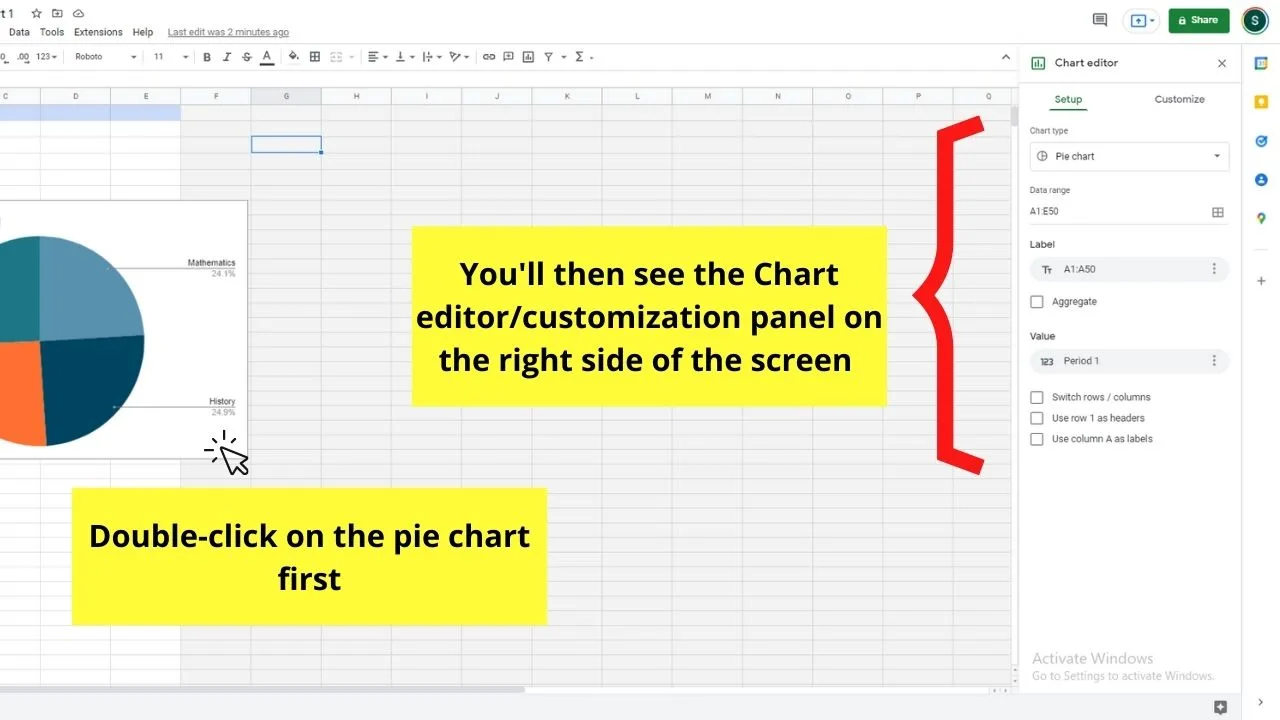 How to Create a Pie Chart in Google Docs by Editing in Google Sheets Step 6.1