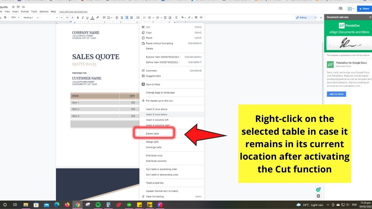 How to Move a Table in Google Docs Using the Cut Function Step 2.2