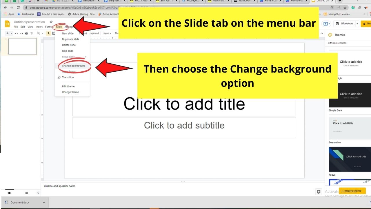 How to Put an Image Behind Text in Google Docs by Inserting Background in Google Slides Step 1