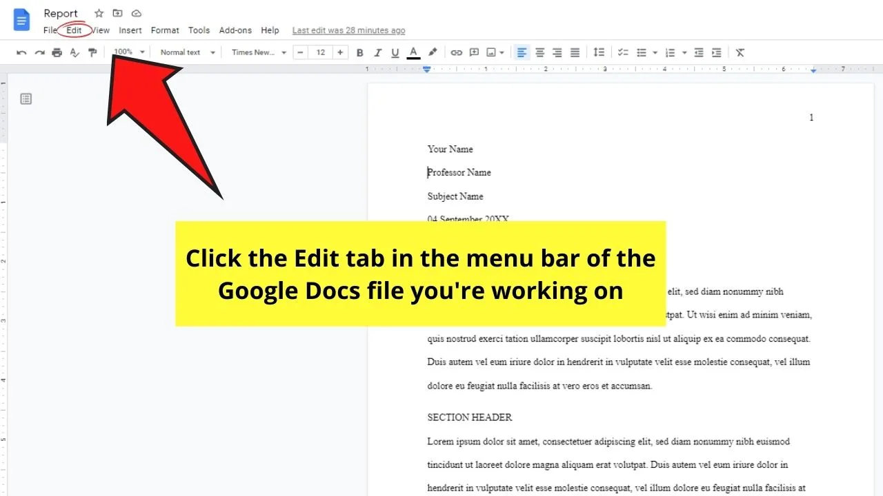 How to Select Everything in Google Docs by Clicking Select All in the Edit Tab Step 1