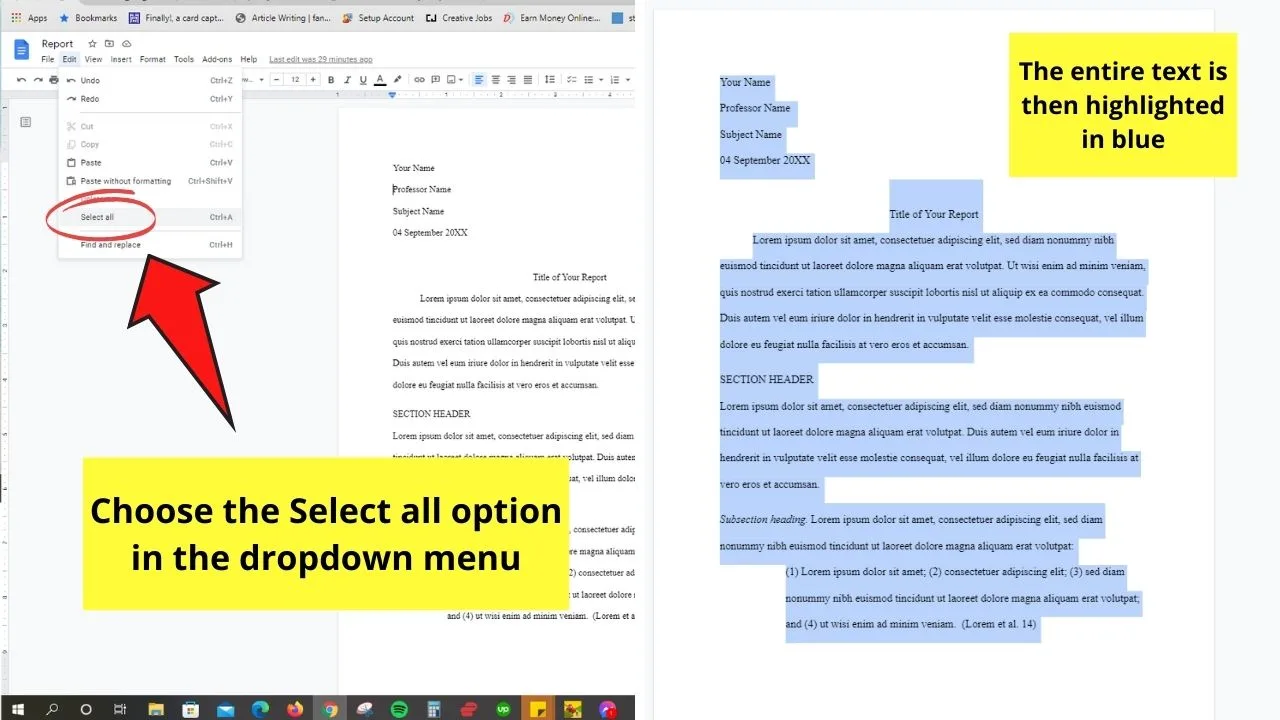 How to Select Everything in Google Docs by Clicking Select All in the Edit Tab Step 2