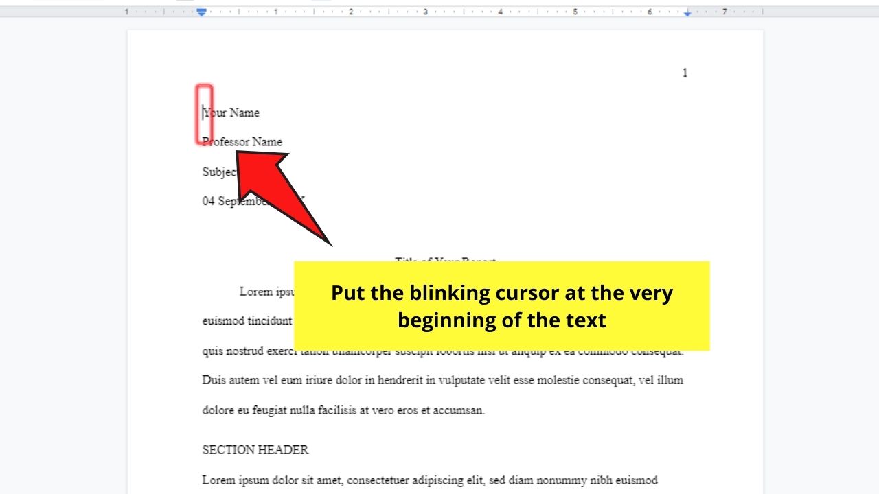 How to Select Everything in Google Docs by the Shift + Right Arrow Key Method Step 1