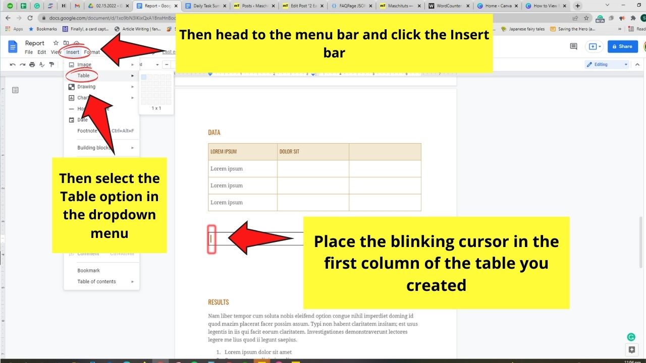 How to View Multiple Tables in Google Docs by Creating Inner Tables Step 4.1