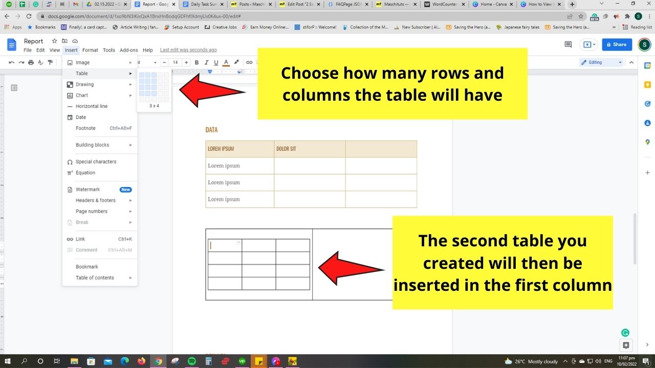 How to View Multiple Tables in Google Docs by Creating Inner Tables Step 4.2
