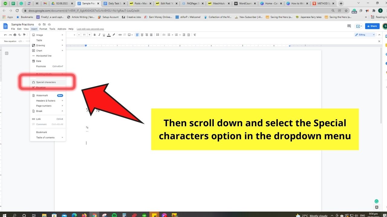 How to Write Fractions in Google Docs by Inserting Special Characters Step 2