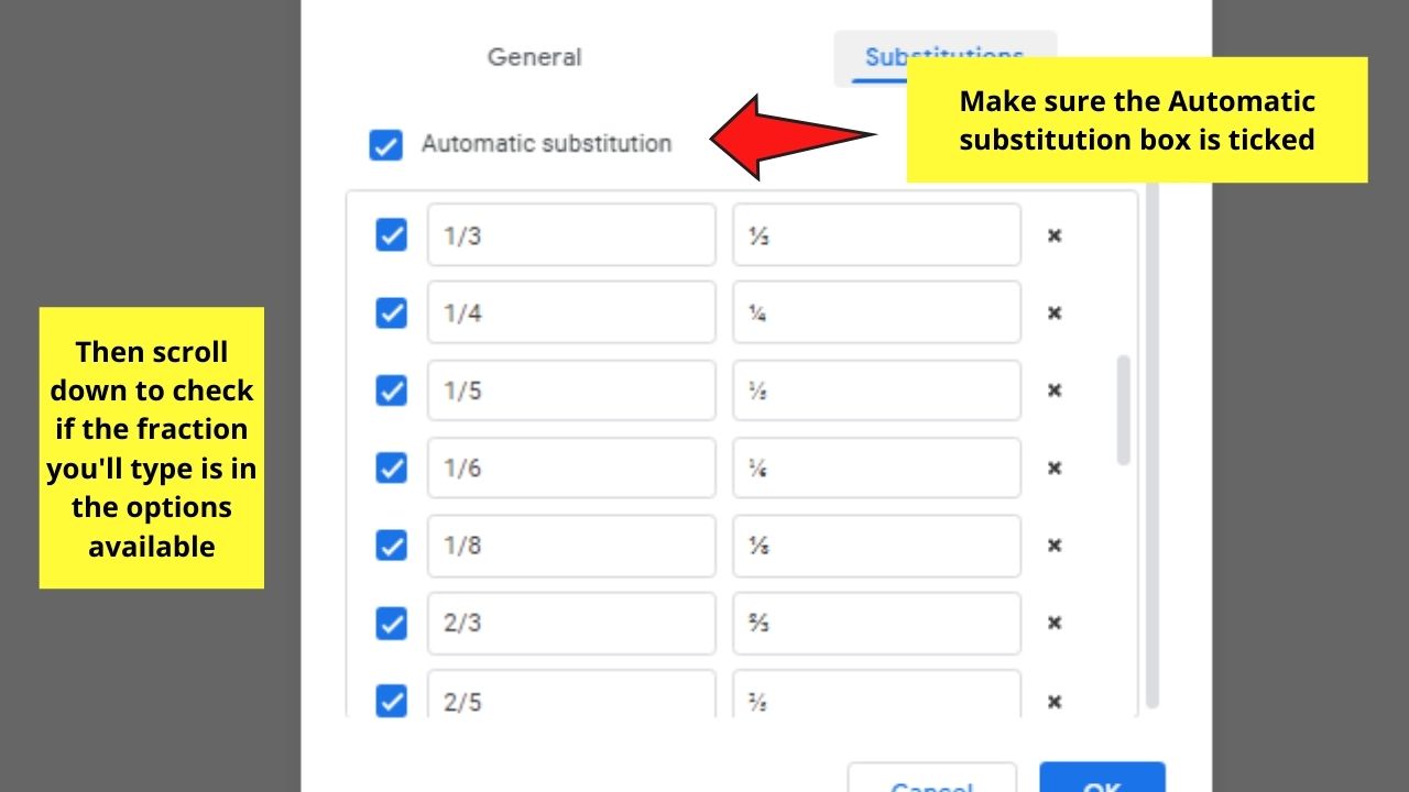 How to Write Fractions in Google Docs with Substitutions Step 3.2