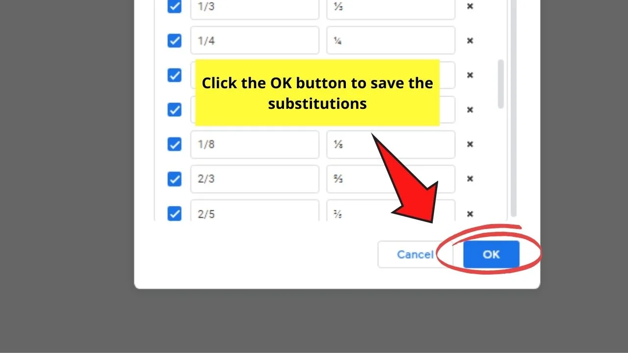 How to Write Fractions in Google Docs with Substitutions Step 3.3