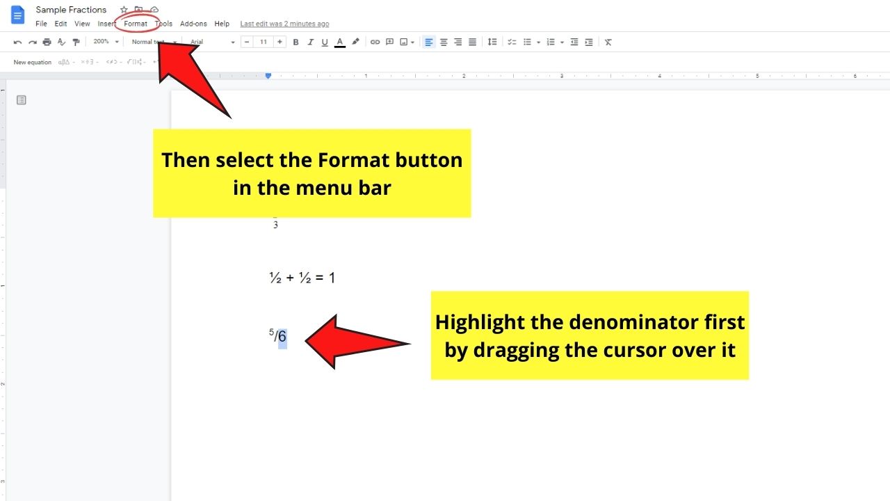 How to Write Fractions in Google Docs with Superscripts and Subscripts Step 4
