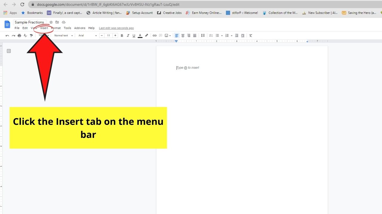 How to Write Fractions in Google Docs with the Equations Function Step 1