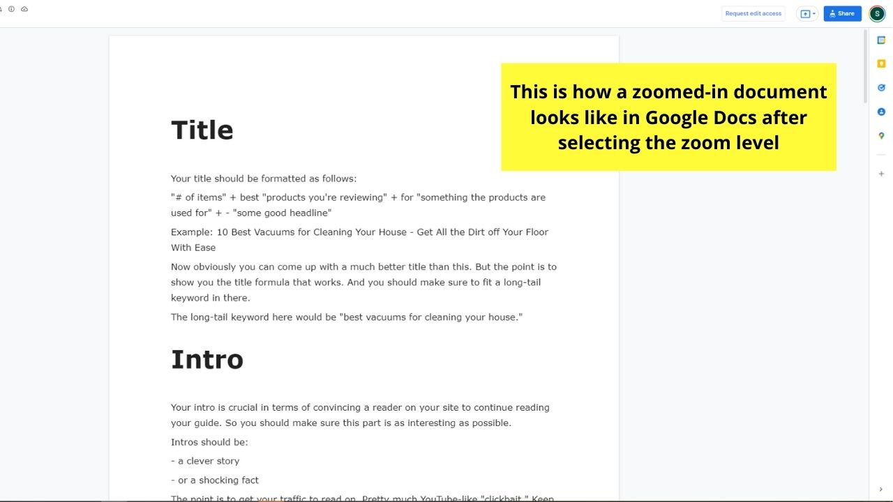 How to Zoom in Google Docs as a Viewer or Commenter Step 3