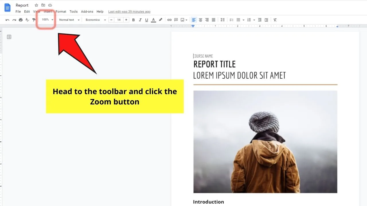 How to Zoom in Google Docs as an Editor Step 1