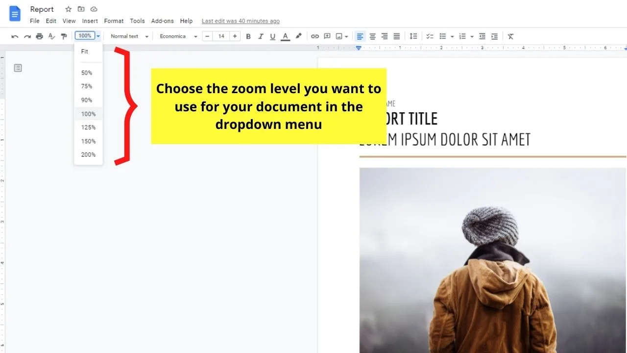 How to Zoom in Google Docs as an Editor Step 2