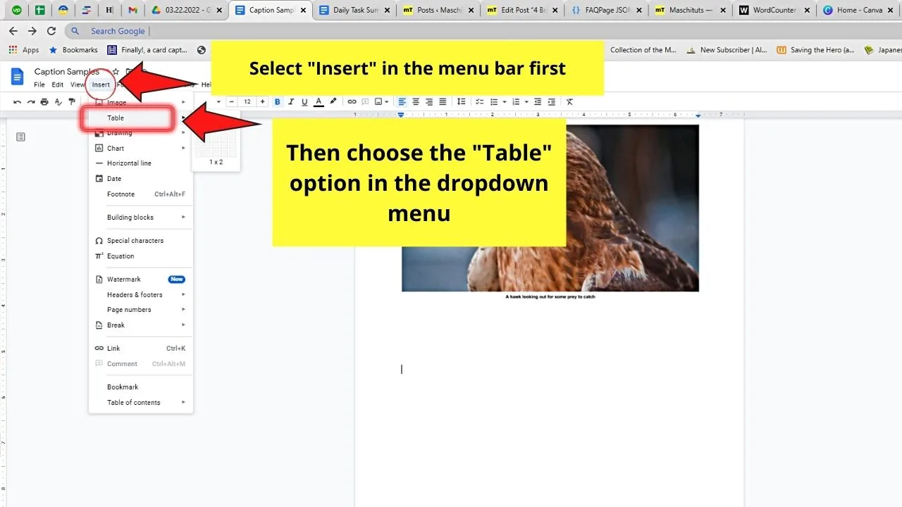 How to Caption an Image in Google Docs by Adding a Table Step 2
