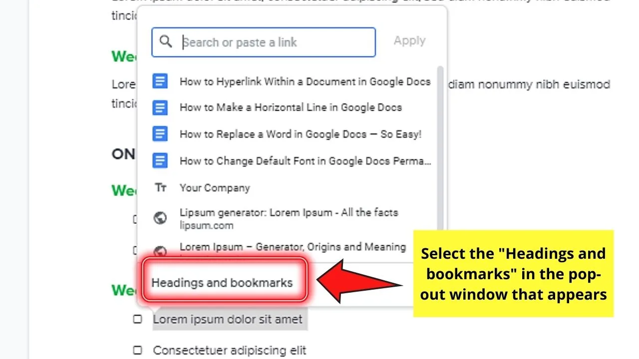 How to Hyperlink Within a Document in Google Docs to a Bookmark Step 3.1