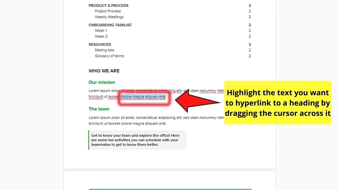 How to Hyperlink Within a Document in Google Docs to a Heading Step 1