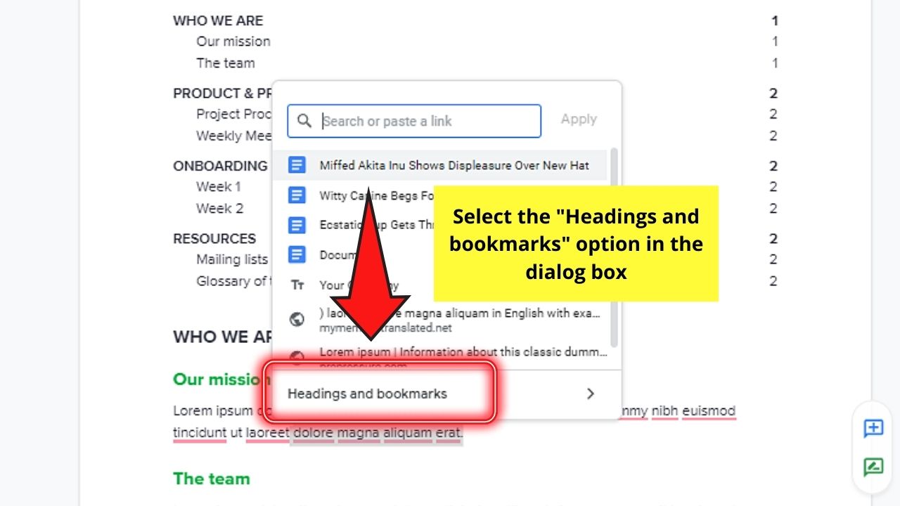 How to Hyperlink Within a Document in Google Docs to a Heading Step 3