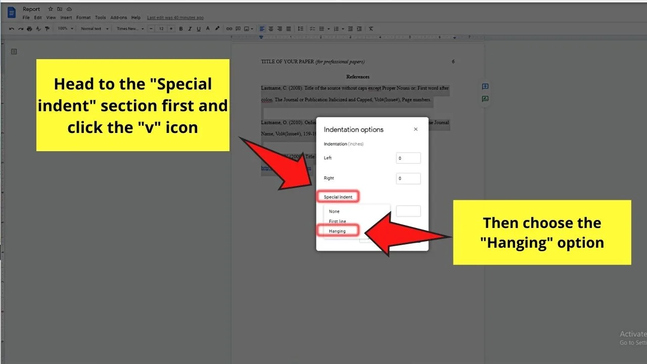 How to Indent Citations in Google Docs Step 7.1