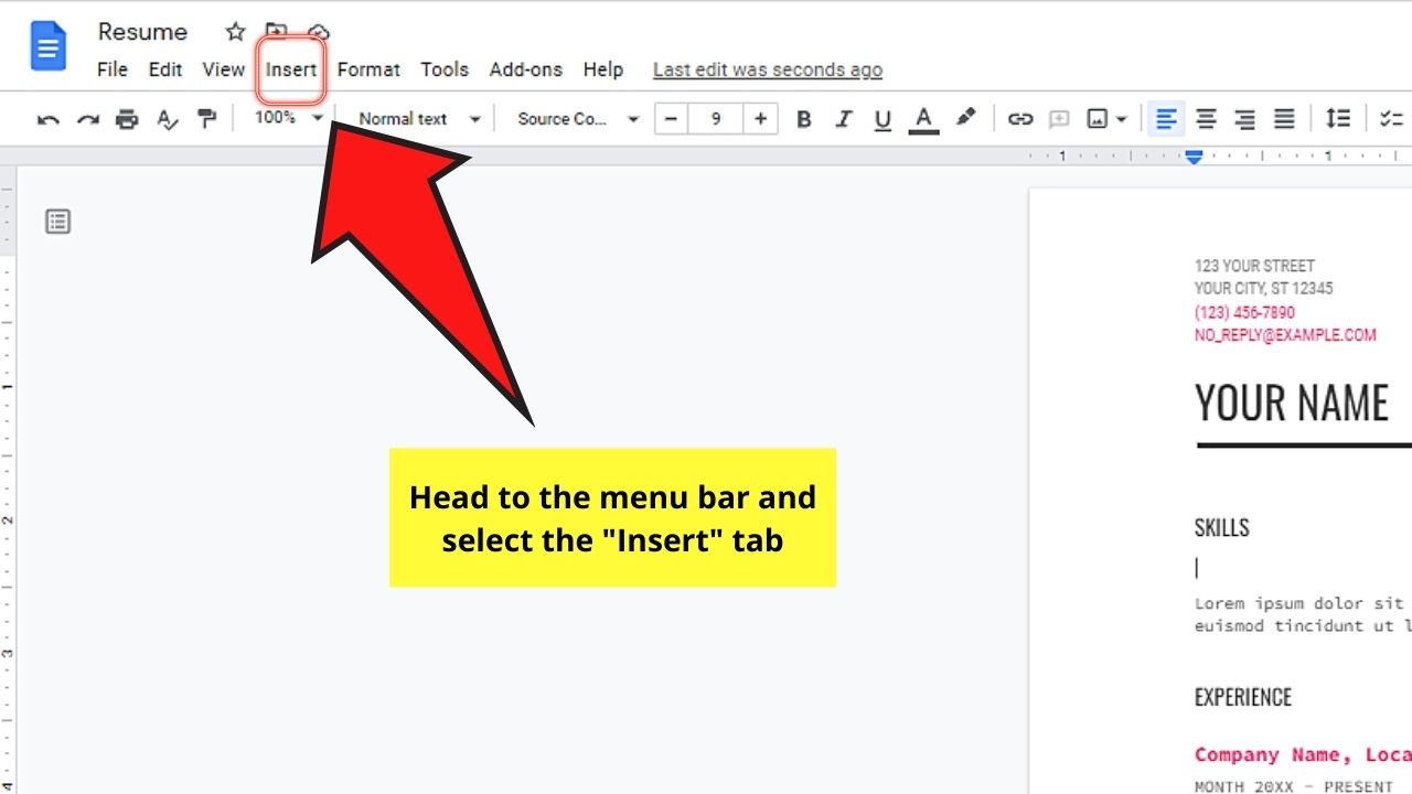 How to Make a Horizontal Line in Google Docs through the Insert Tab Step 1