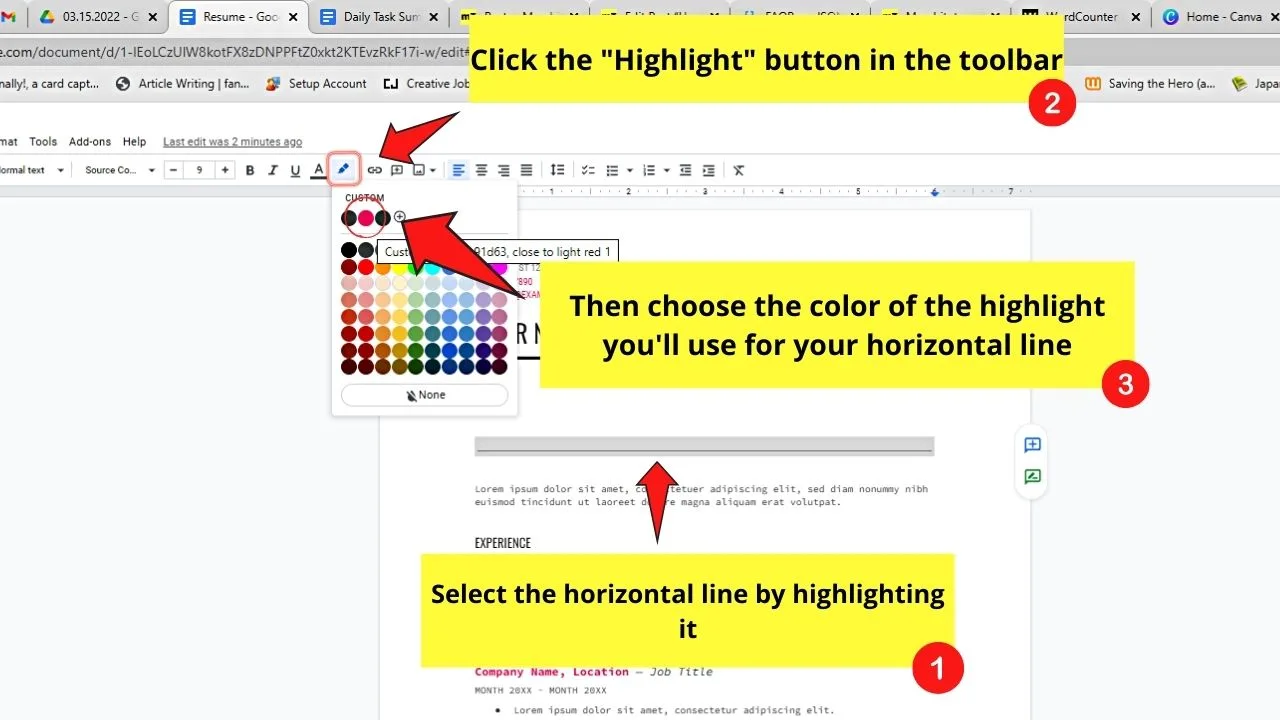 How to Make a Horizontal Line in Google Docs through the Insert Tab Step 3.2