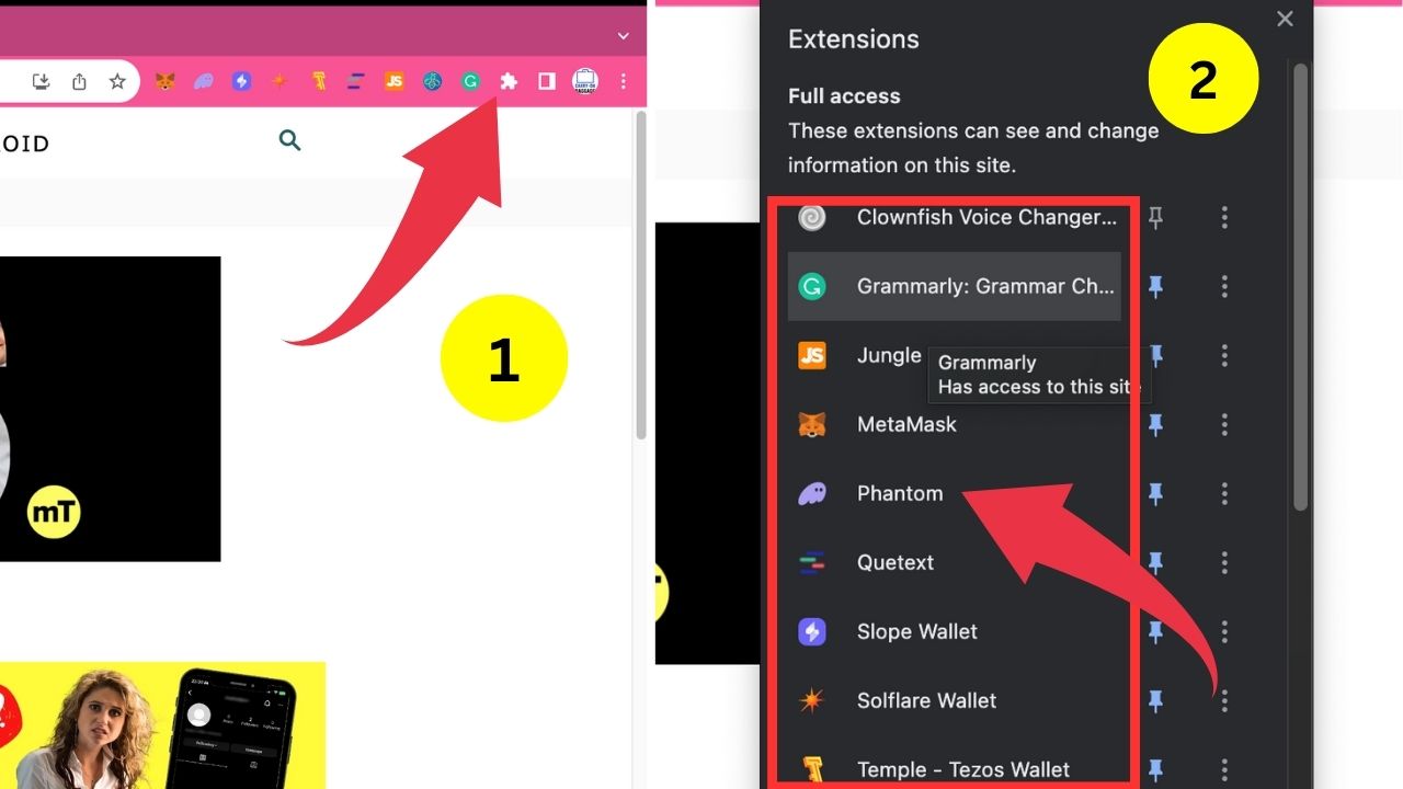 The Screenshot shows the two steps to open extensions in Chrome